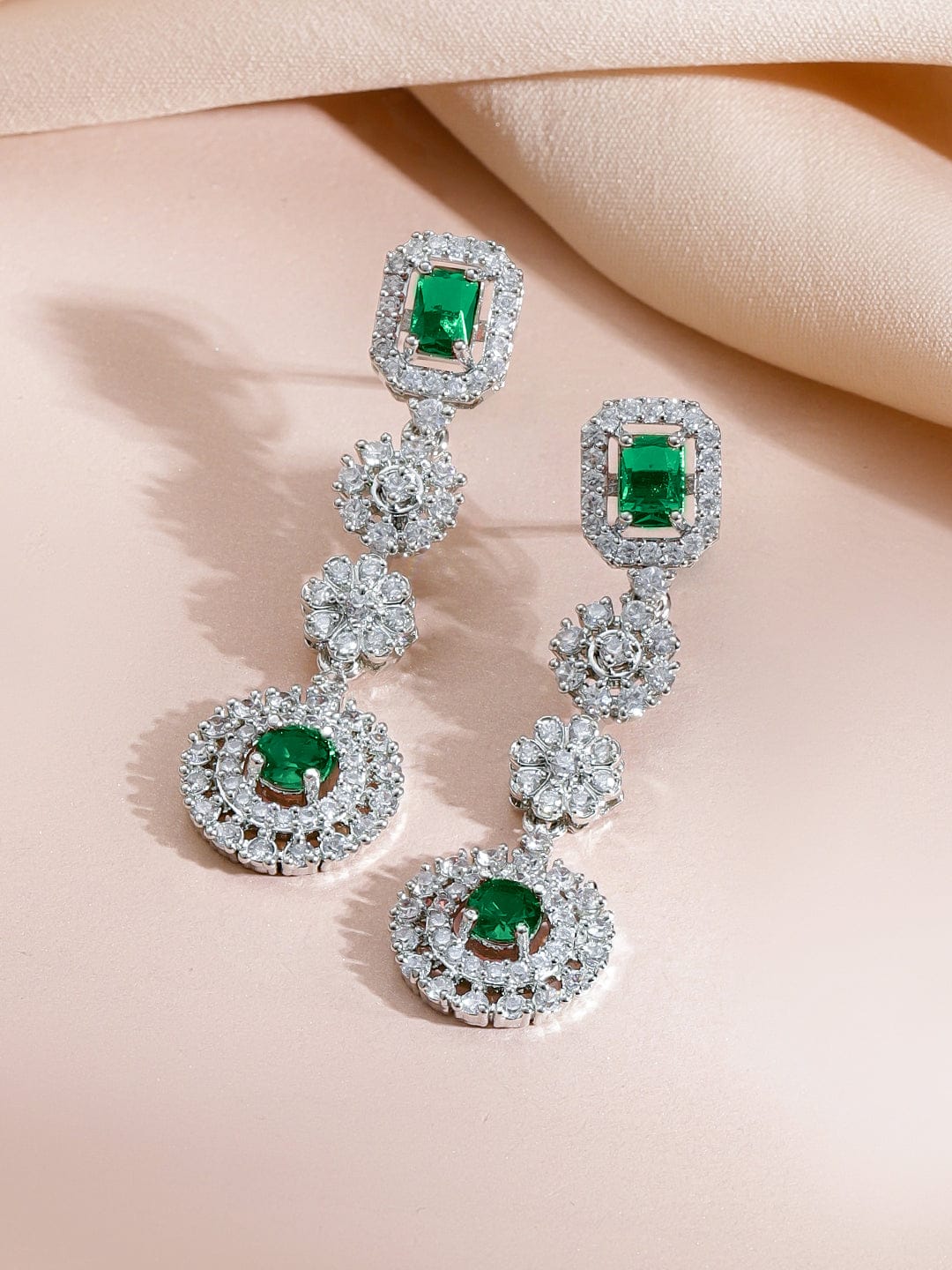 Rubans Rhodium-Plated Emerald Green Stones & Cubic Zirconia Statement Necklace Set Jewellery Set