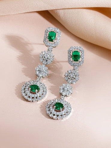 Rubans Rhodium-Plated Emerald Green Stones & Cubic Zirconia Statement Necklace Set Jewellery Set
