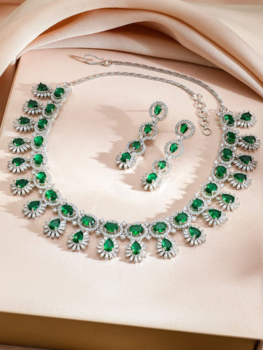 Rubans Rhodium-Plated Emerald Green Stones & Cubic Zirconia Studded Luxury Necklace Set Jewellery Set