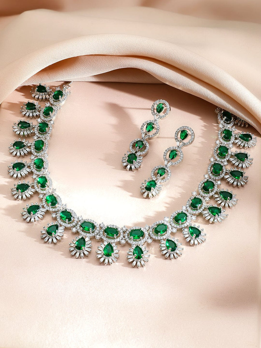 Rubans Rhodium-Plated Emerald Green Stones & Cubic Zirconia Studded Luxury Necklace Set Jewellery Set
