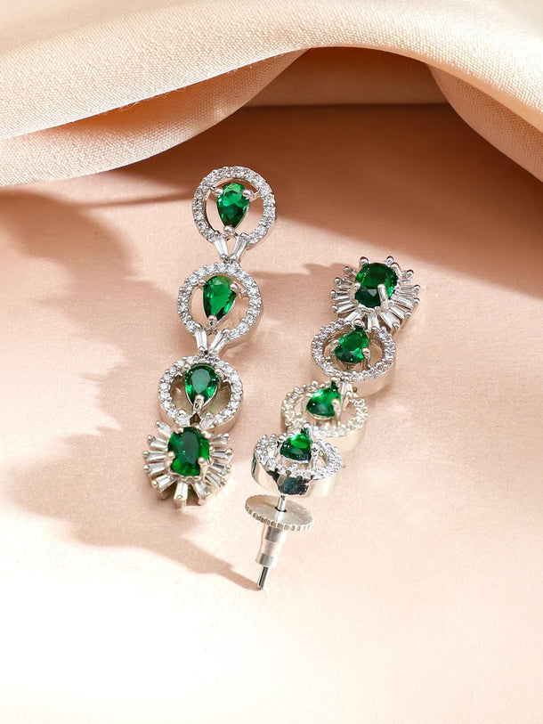 Rubans Rhodium-Plated Emerald Green Stones & Cubic Zirconia Studded Luxury Necklace Set Jewellery Set