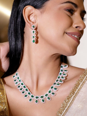 Rubans Rhodium-Plated Emerald Green Stones & Cubic Zirconia Studded Luxury Necklace Set Necklaces, Necklace Sets, Chains & Mangalsutra