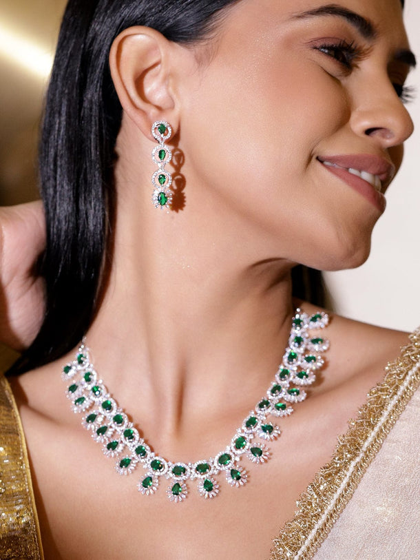 Rubans Rhodium-Plated Emerald Green Stones & Cubic Zirconia Studded Luxury Necklace Set Necklaces, Necklace Sets, Chains & Mangalsutra