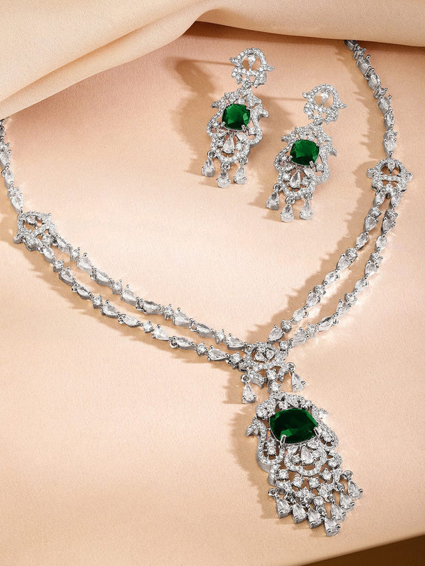 Rubans Rhodium-Plated Emerald Green & White AAA Cubic Zirconia Statement Jewellery Set Jewellery Set