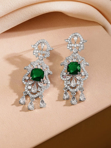 Rubans Rhodium-Plated Emerald Green & White AAA Cubic Zirconia Statement Jewellery Set Jewellery Set