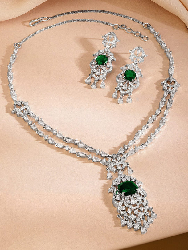 Rubans Rhodium-Plated Emerald Green & White AAA Cubic Zirconia Statement Jewellery Set Jewellery Set