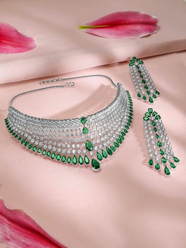 Rubans Rhodium-Plated Emerald Green & White AAA Cubic Zirconia Studded Choker Set for Women â€“ Perfect for Parties & Special Occasions Jewellery Set