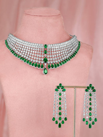 Rubans Rhodium-Plated Emerald Green & White AAA Cubic Zirconia Studded Choker Set for Women â€“ Perfect for Parties & Special Occasions Jewellery Set