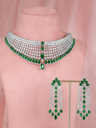 Rubans Rhodium-Plated Emerald Green & White AAA Cubic Zirconia Studded Choker Set for Women â€“ Perfect for Parties & Special Occasions Jewellery Set