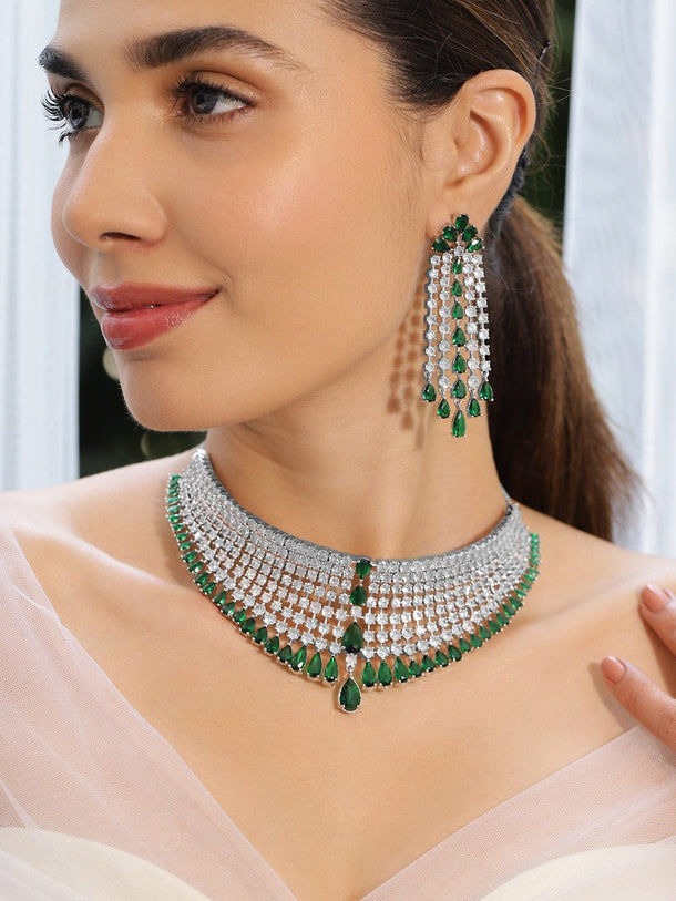 Rubans Rhodium-Plated Emerald Green & White AAA Cubic Zirconia Studded Choker Set for Women â€“ Perfect for Parties & Special Occasions Jewellery Set