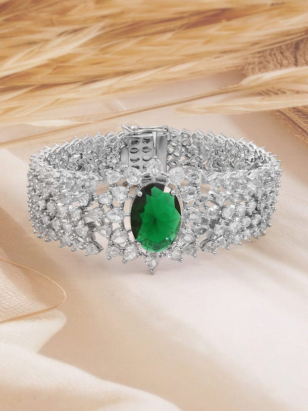 Rubans Rhodium-Plated Emerald Green & White Cubic Zirconia Bracelet Wristwear