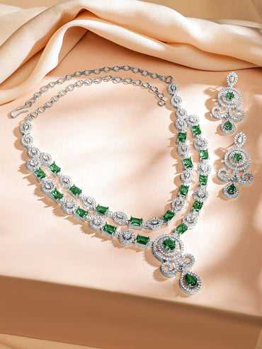 Rubans Rhodium-Plated Emerald Green & White Cubic Zirconia Double Layer Luxe Jewellery Set Jewellery Set