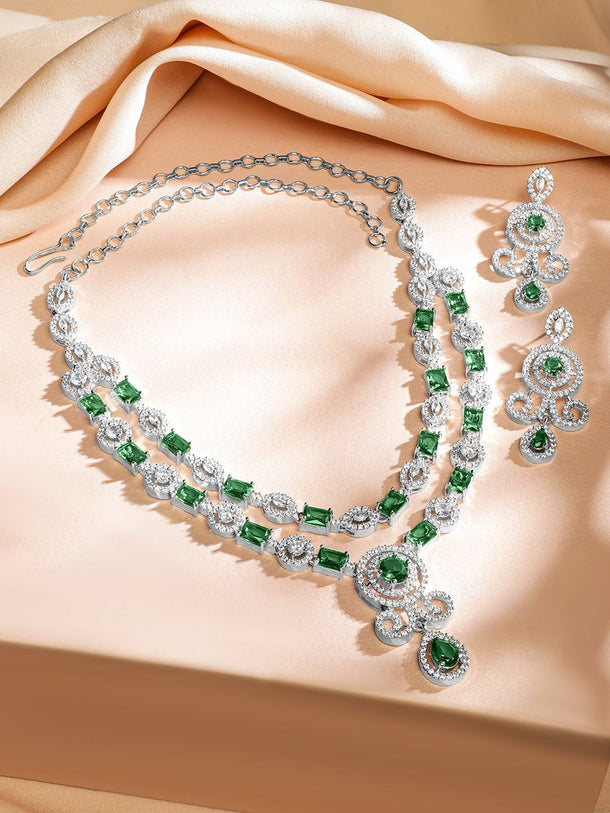 Rubans Rhodium-Plated Emerald Green & White Cubic Zirconia Double Layer Luxe Jewellery Set Jewellery Set