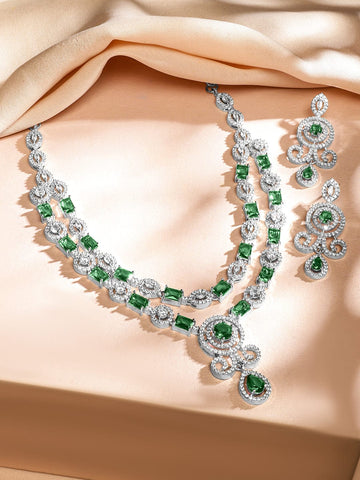 Rubans Rhodium-Plated Emerald Green & White Cubic Zirconia Double Layer Luxe Jewellery Set Jewellery Set