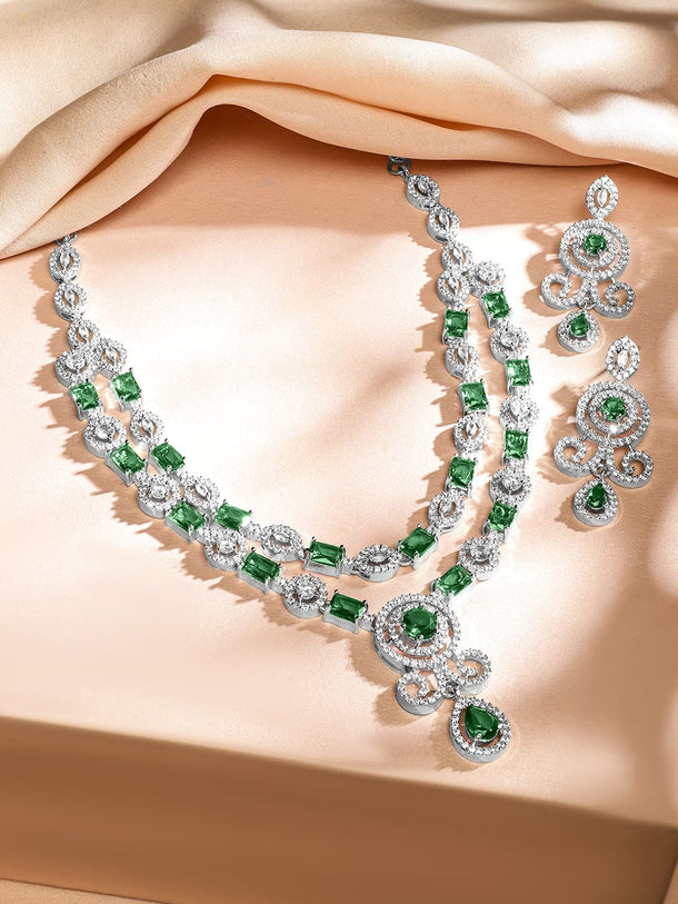 Rubans Rhodium-Plated Emerald Green & White Cubic Zirconia Double Layer Luxe Jewellery Set Jewellery Set