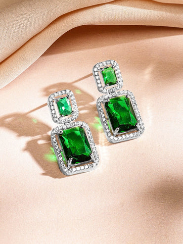 Rubans Rhodium-Plated Emerald Green & White Cubic Zirconia Studded Baguette Necklace Set for Women Jewellery Set