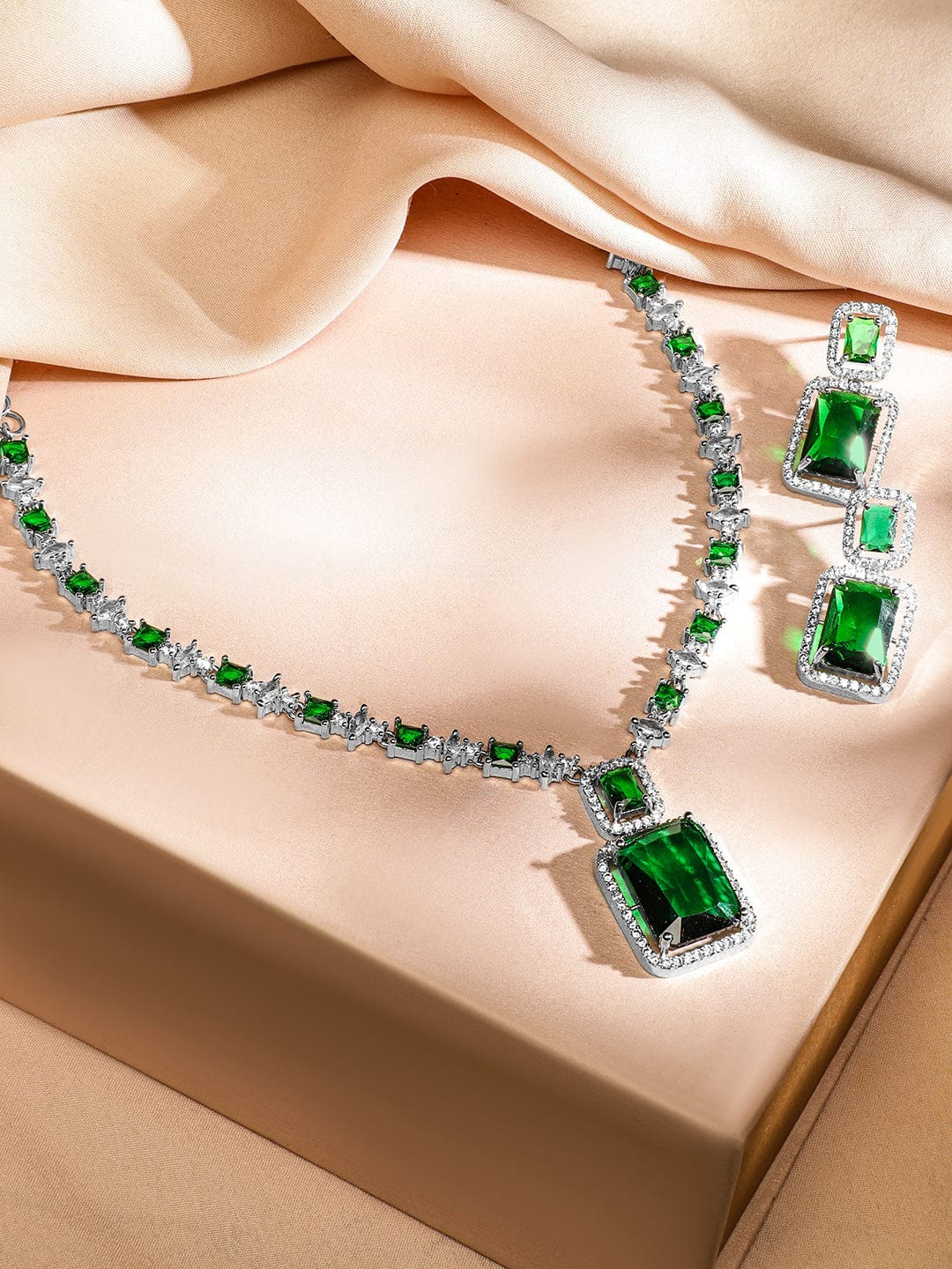 Rubans Rhodium-Plated Emerald Green & White Cubic Zirconia Studded Baguette Necklace Set for Women Jewellery Set