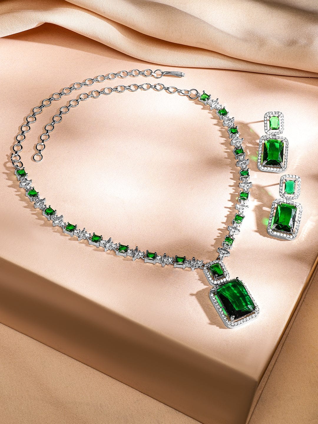 Rubans Rhodium-Plated Emerald Green & White Cubic Zirconia Studded Baguette Necklace Set for Women Jewellery Set