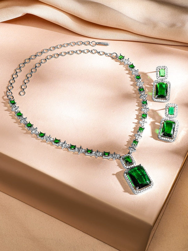 Rubans Rhodium-Plated Emerald Green & White Cubic Zirconia Studded Baguette Necklace Set for Women Jewellery Set
