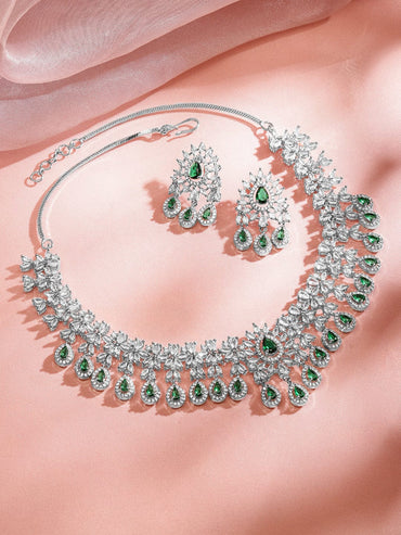 Rubans Rhodium-Plated Emerald Green & White Cubic Zirconia Studded Chandelier Necklace Set Jewellery Set