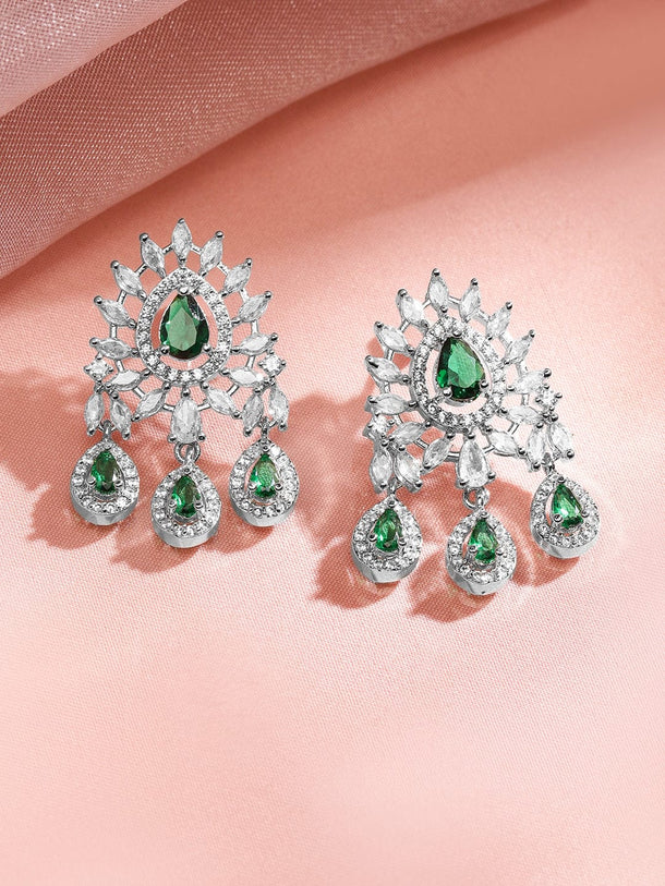 Rubans Rhodium-Plated Emerald Green & White Cubic Zirconia Studded Chandelier Necklace Set Jewellery Set