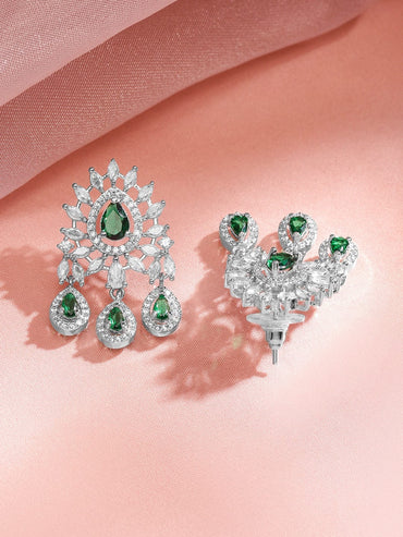 Rubans Rhodium-Plated Emerald Green & White Cubic Zirconia Studded Chandelier Necklace Set Jewellery Set
