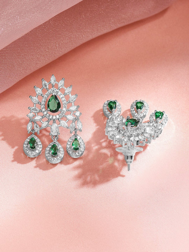 Rubans Rhodium-Plated Emerald Green & White Cubic Zirconia Studded Chandelier Necklace Set Jewellery Set