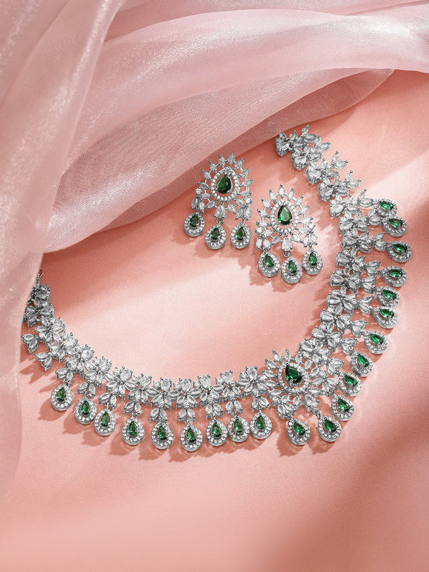 Rubans Rhodium-Plated Emerald Green & White Cubic Zirconia Studded Chandelier Necklace Set Jewellery Set