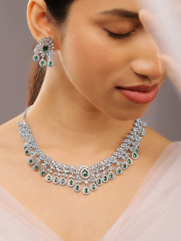 Rubans Rhodium-Plated Emerald Green & White Cubic Zirconia Studded Chandelier Necklace Set Necklace Set