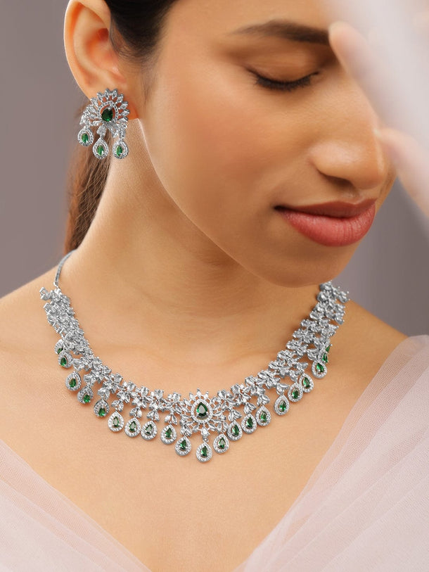 Rubans Rhodium-Plated Emerald Green & White Cubic Zirconia Studded Chandelier Necklace Set Necklace Set