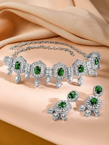 Rubans Rhodium-Plated Emerald Green & White Cubic Zirconia Studded Choker Jewellery Set for Women Jewellery Set
