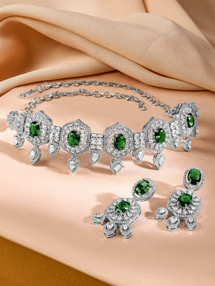 Rubans Rhodium-Plated Emerald Green & White Cubic Zirconia Studded Choker Jewellery Set for Women Jewellery Set