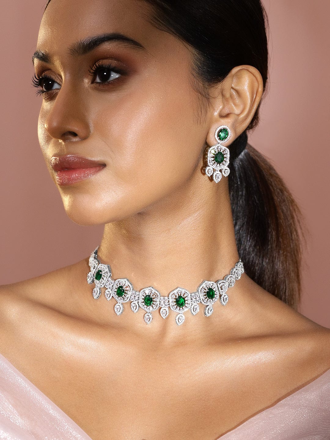 Rubans Rhodium-Plated Emerald Green & White Cubic Zirconia Studded Choker Jewellery Set for Women Jewellery Set