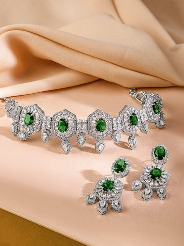 Rubans Rhodium-Plated Emerald Green & White Cubic Zirconia Studded Choker Jewellery Set for Women Jewellery Set