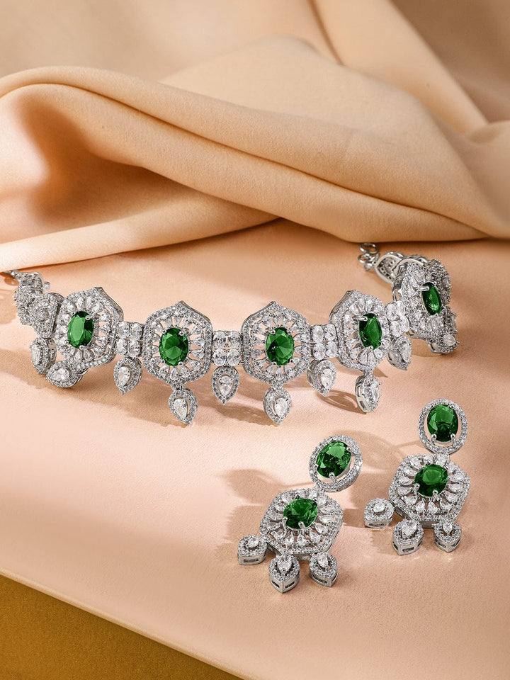 Rubans Rhodium-Plated Emerald Green & White Cubic Zirconia Studded Choker Jewellery Set for Women Jewellery Set
