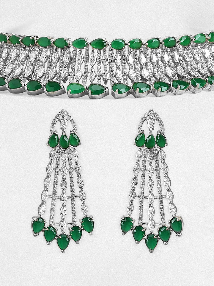 Rubans Rhodium-Plated Emerald Green & White Cubic Zirconia Studded Choker Necklace Set Necklace Set