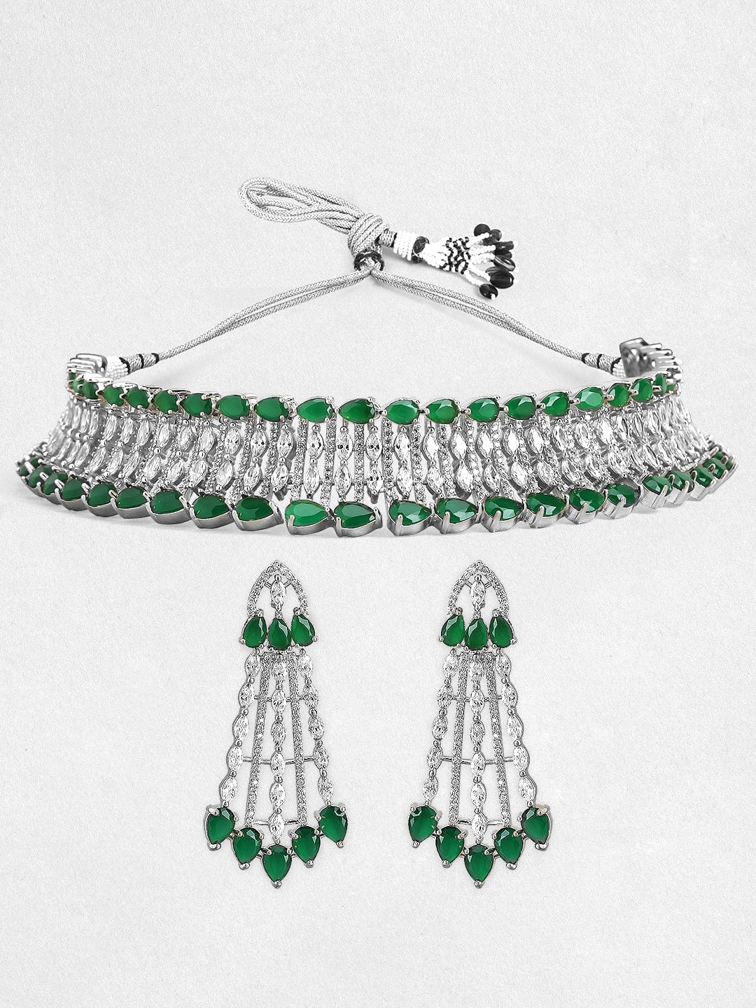 Rubans Rhodium-Plated Emerald Green & White Cubic Zirconia Studded Choker Necklace Set Necklace Set