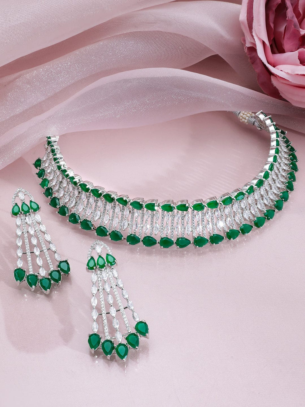 Rubans Rhodium-Plated Emerald Green & White Cubic Zirconia Studded Choker Necklace Set Necklace Set