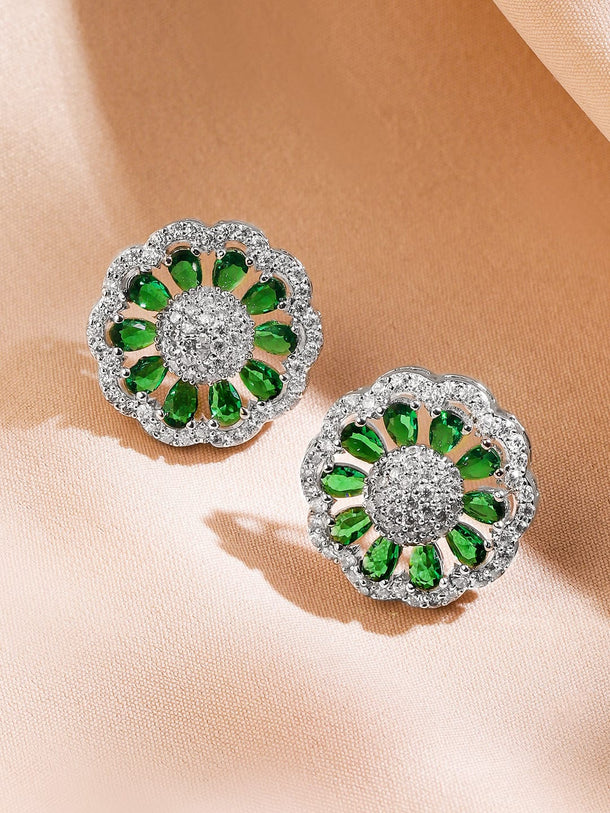 Rubans Rhodium-Plated Emerald Green & White Cubic Zirconia Studded Classic Premium Floral Pendant Necklace Set Jewellery Set