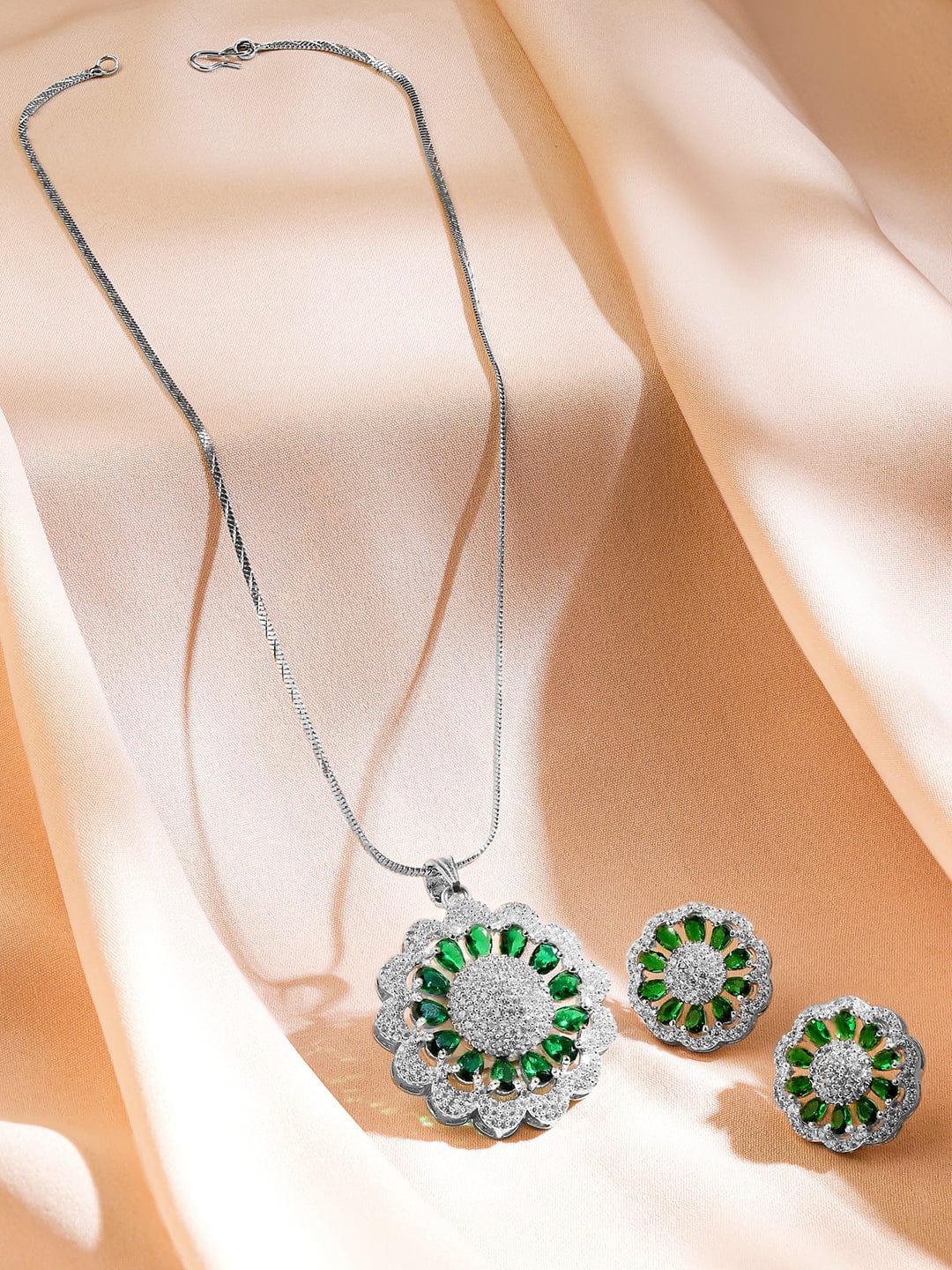 Rubans Rhodium-Plated Emerald Green & White Cubic Zirconia Studded Classic Premium Floral Pendant Necklace Set Jewellery Set