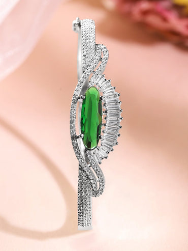Rubans Rhodium-Plated Emerald Green & White Cubic Zirconia Studded Designer Bracelet Wristwear