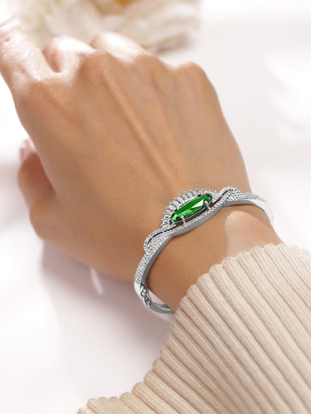 Rubans Rhodium-Plated Emerald Green & White Cubic Zirconia Studded Designer Bracelet Wristwear