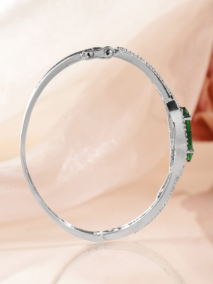 Rubans Rhodium-Plated Emerald Green & White Cubic Zirconia Studded Designer Bracelet Wristwear