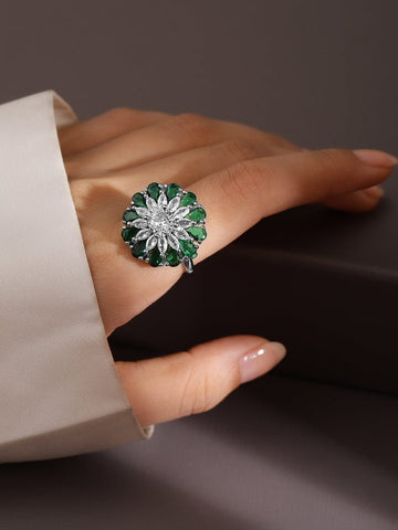 Rubans Rhodium-Plated Emerald Green & White Cubic Zirconia Studded Floral Adjustable Finger Rings