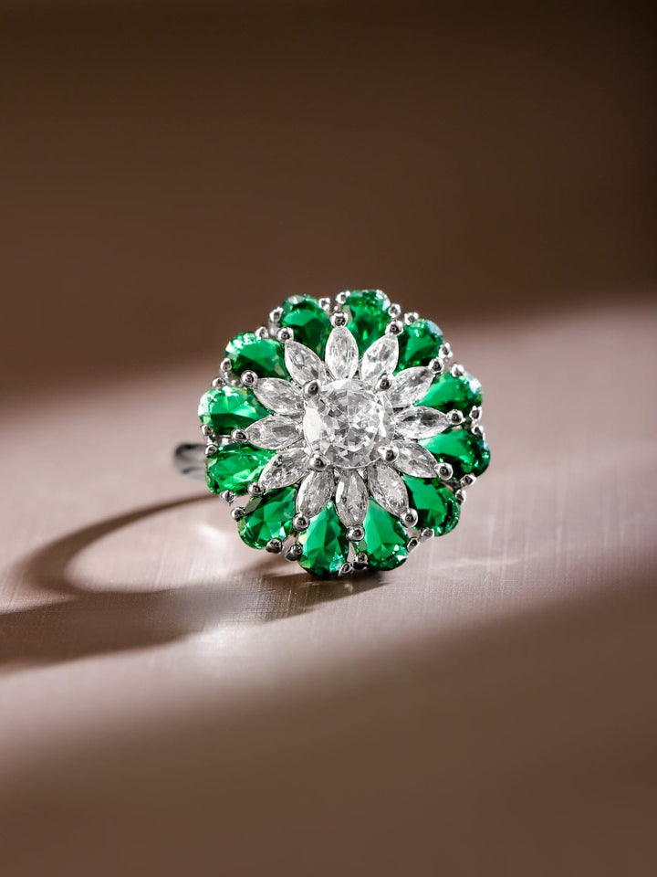 Rubans Rhodium-Plated Emerald Green & White Cubic Zirconia Studded Floral Adjustable Rings