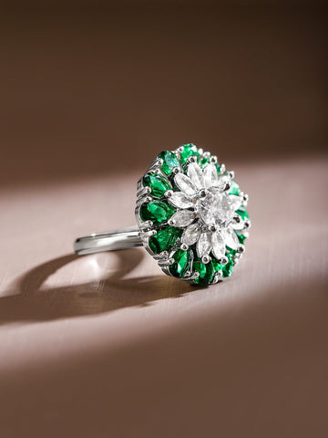 Rubans Rhodium-Plated Emerald Green & White Cubic Zirconia Studded Floral Adjustable Rings