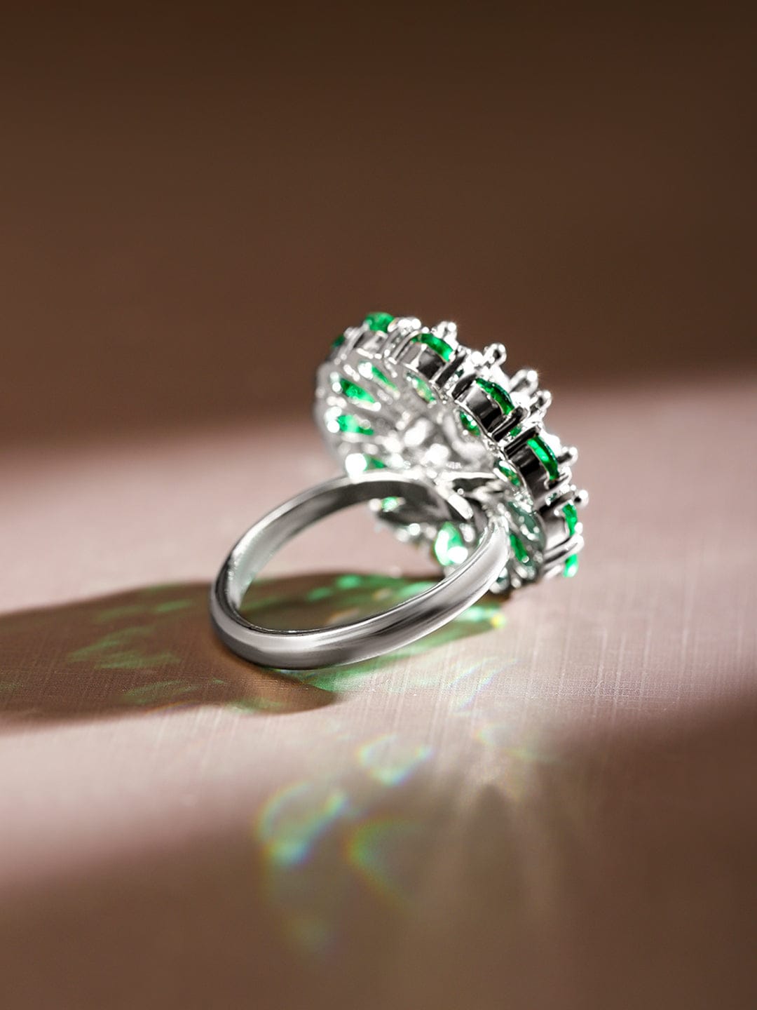 Rubans Rhodium-Plated Emerald Green & White Cubic Zirconia Studded Floral Adjustable Rings