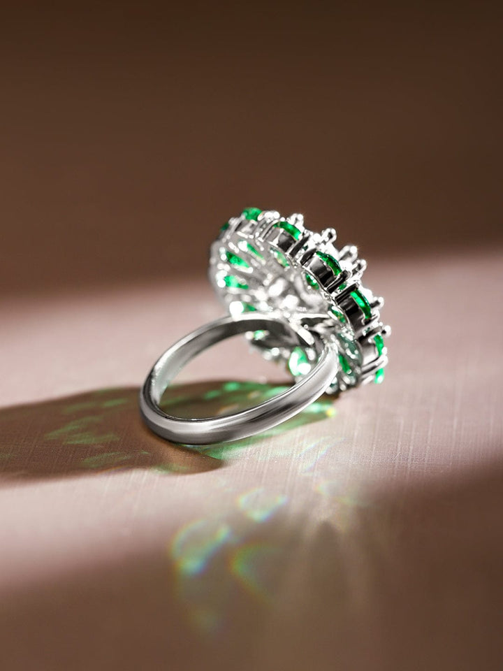 Rubans Rhodium-Plated Emerald Green & White Cubic Zirconia Studded Floral Adjustable Rings