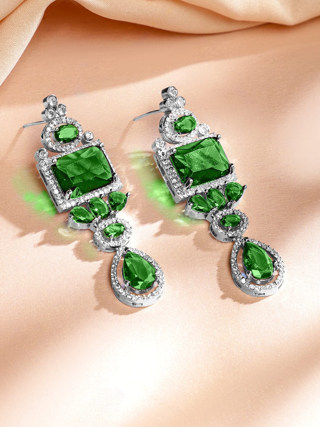 Rubans Rhodium-Plated Emerald Green & White Cubic Zirconia Studded Luxe Jewellery Set Jewellery Set