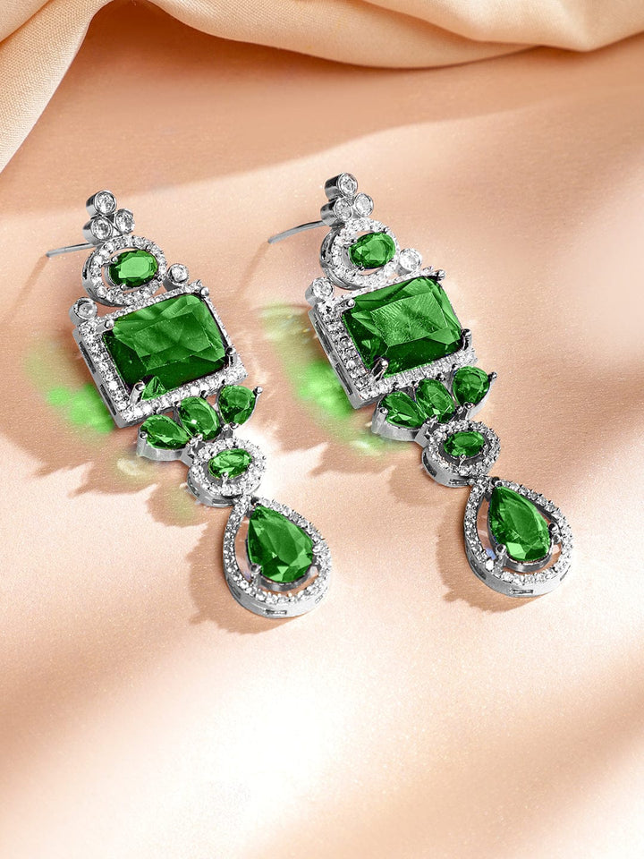 Rubans Rhodium-Plated Emerald Green & White Cubic Zirconia Studded Luxe Jewellery Set Jewellery Set